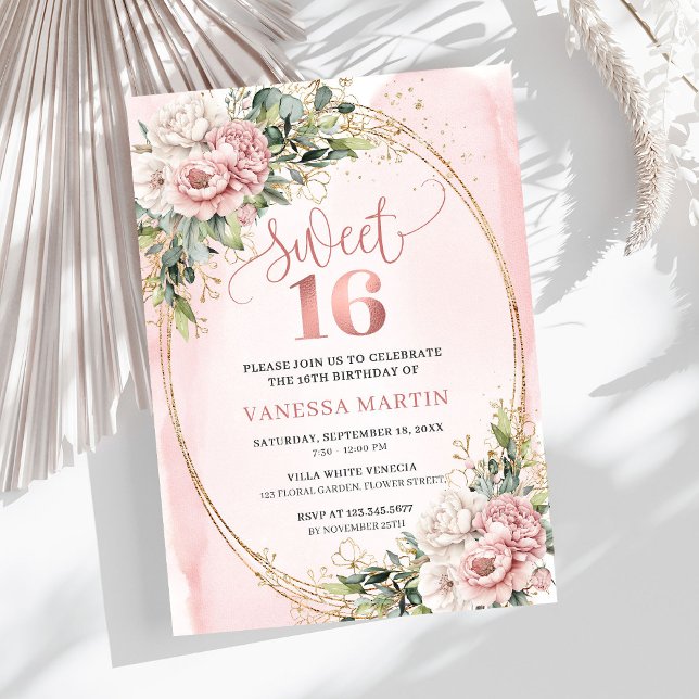 Vacker Rose Guld Blommor Eukalyptus 16-årsdag  Inbjudningar (Lovely Rose Gold Flowers Eucalyptus 16th Birthday Invitation

)