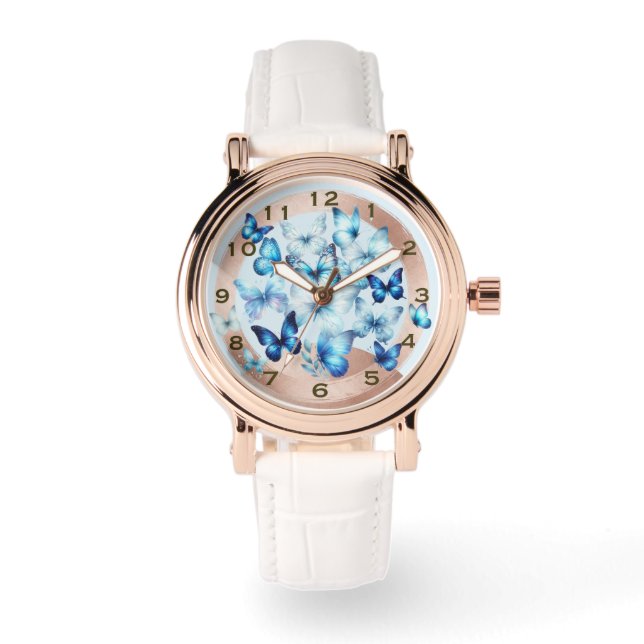 Vacker Rose Guld Look Blå Fjäril eWatch Ur Armbandsur (Framsida)