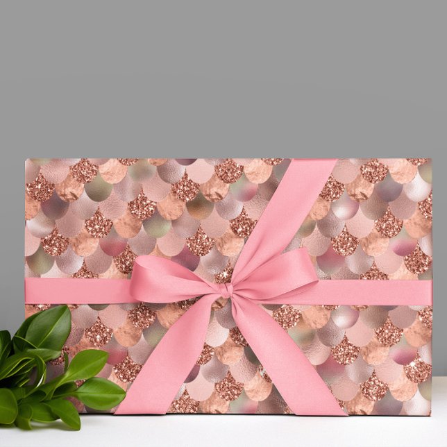 Vacker Rose Guld Rosa Glitter Havfruefjäll Presentpapper (Skapare uppladdad)