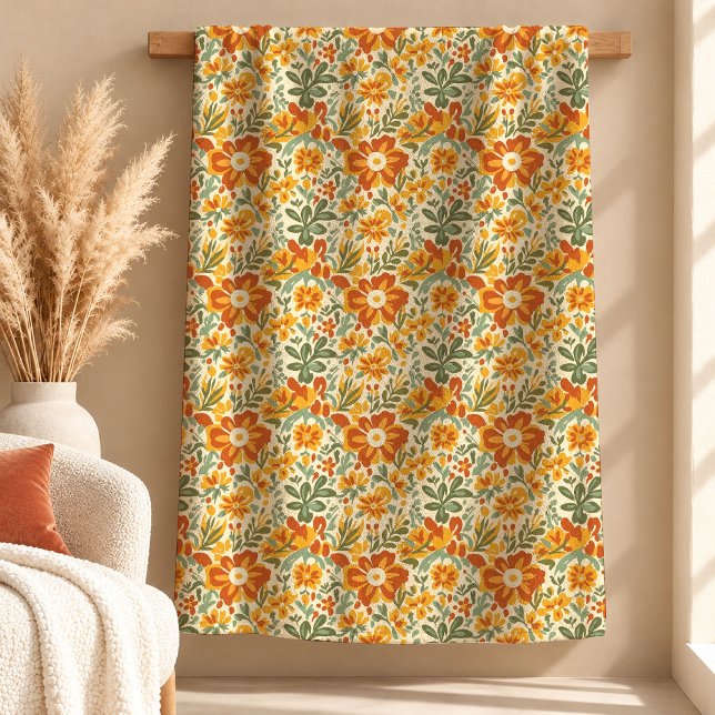 Vacker Rost Koppar Blommig Boho Kastsjal Fleecefilt (Beautiful Rust Copper Floral Boho Throw Blanket)