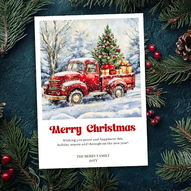 Vacker Rustik Röd Lastbil Julscen Kort Stil (Lovely Rustic Red Truck Christmas Scene Card Style)