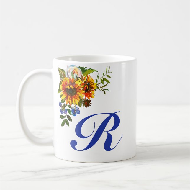 Vacker rustik solros blå monogram kaffemugg (Vänster)