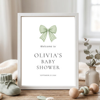 Vacker Sage Gingham-båge Välkommen Baby Shower Poster