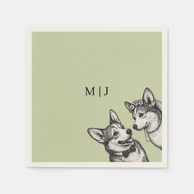 Vacker Salviagrön - Whimsical Corgi Bröllop  Pappersservett (Framsidan)