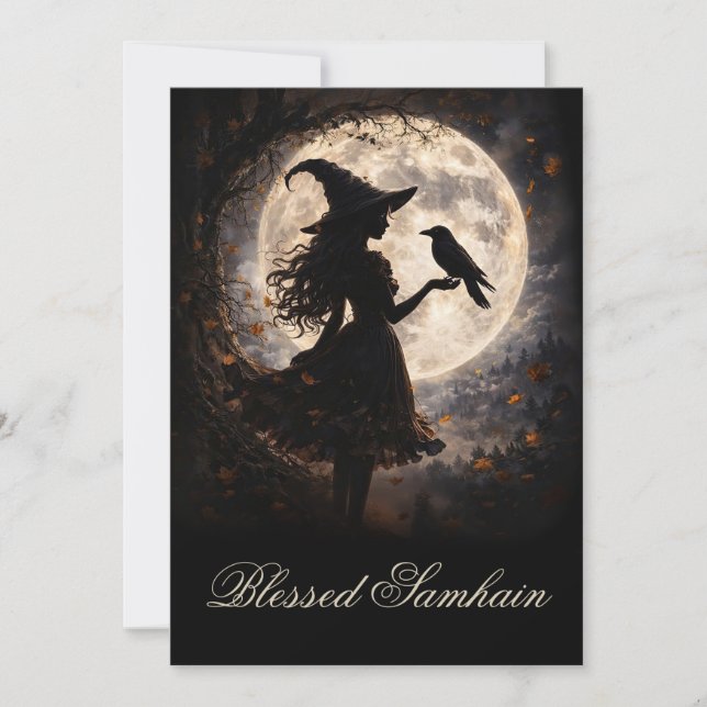Vacker Samhain-segnelse med häxa och korp (Framsida)