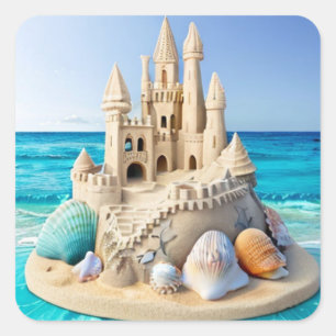 Vacker sandskulptur på en vacker blå strand fyrkantigt klistermärke