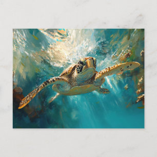 Vacker Sea Turtle Gliding genom Vatten Vykort
