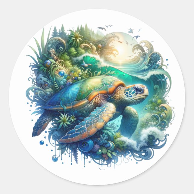 Vacker Sea Turtle Sticker Runt Klistermärke (Framsida)
