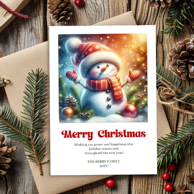 Vacker seriefigur snöman vattenfärg julkort digita (Lovely cartoon snowman watercolor Xmas card editable)
