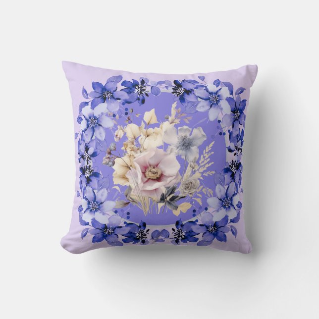 Vacker shabby chic blå och rosa blomsterträdgård  kudde (Framsida)