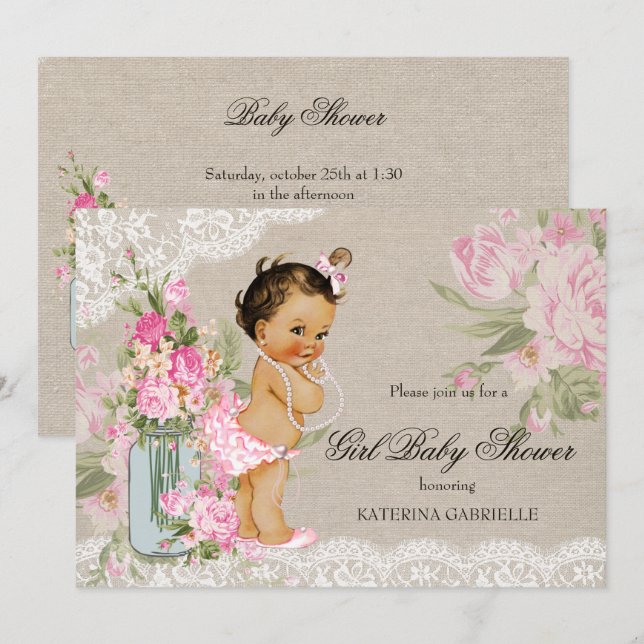 Vacker shabby chic spets blommande baby shower inbjudningar (Fram/baksida)