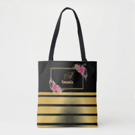 Vacker Shiny Golden Rand Girly Namn Monogram Tygkasse
