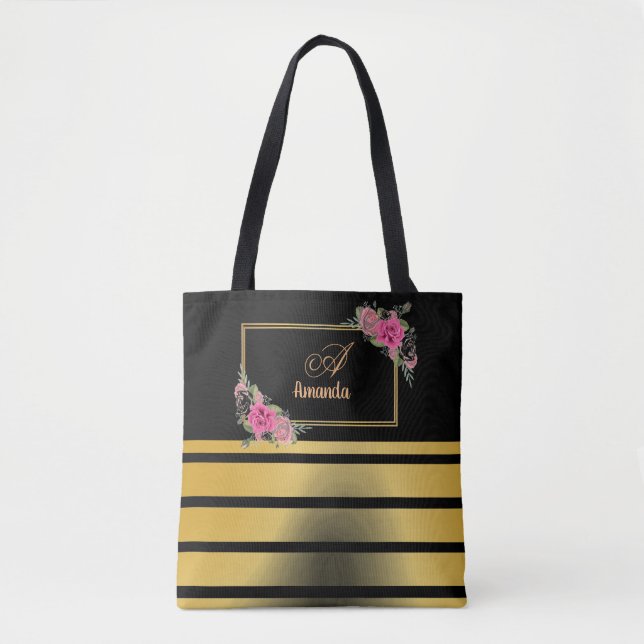 Vacker Shiny Golden Rand Girly Namn Monogram Tygkasse (Framsida)
