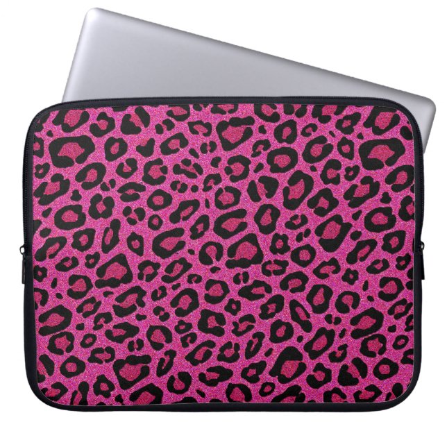 Vacker shock rosa leopard skin glitter shine laptop sleeve (Framsidan)