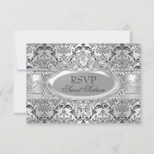 Vacker Silver Damask Sweet 16 RSVP Inbjudningar