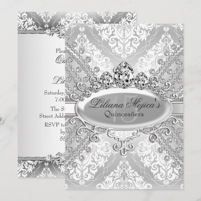 Vacker Silver Damask Tiara Quinceanera Inbjudningar (Fram/baksida)