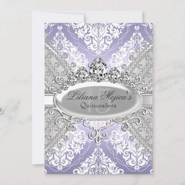 Vacker Silver Lila Damask & Tiara Quinceanera Inbjudningar (Framsida)