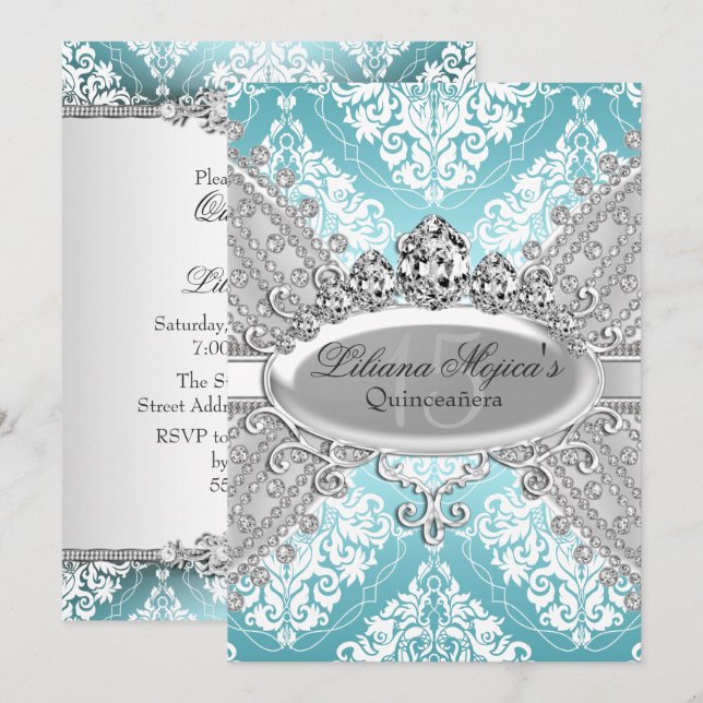 Vacker Silverblå Damask & Tiara Quinceanera Inbjudningar (Fram/baksida)