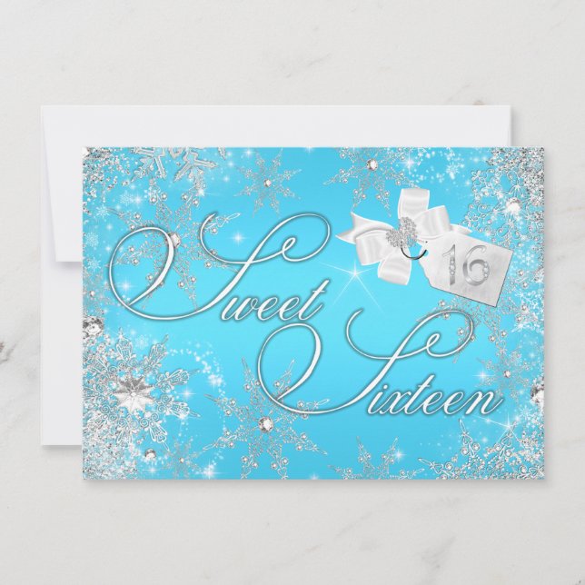 Vacker Silverblå Snöflinga Sweet 16 Inbjudan (Framsida)
