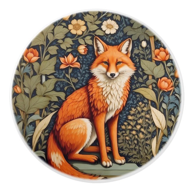 Vacker sittande röd räv William Morris-inspirerad Knopp (Framsidan)