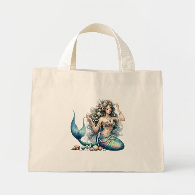 Vacker sjöjungfru stor toteväska mini tygkasse (Framsidan)