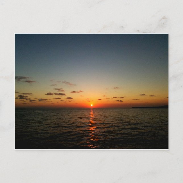 vacker sjösolnedgång gult orange röd vykort (Framsida)