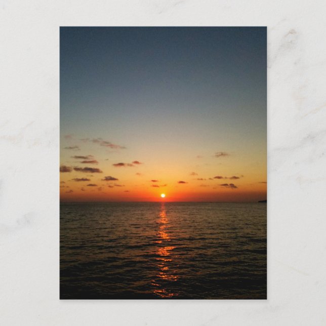 vacker sjösolnedgång gult orange röd vykort (Framsida)
