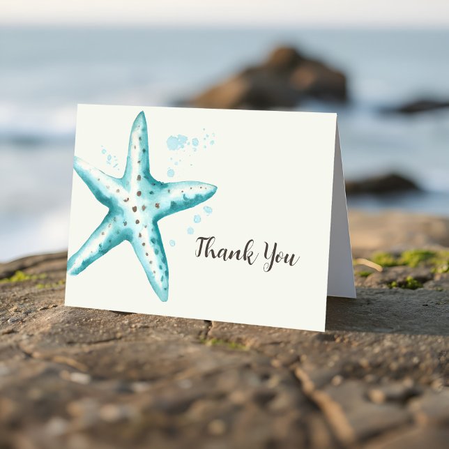 Vacker sjöstjärna Akvamarint akvarellbröllopsfest Tack Kort (Aqua starfish bridal shower thank you card in coastal watercolor style. Great for seaside wedding!)