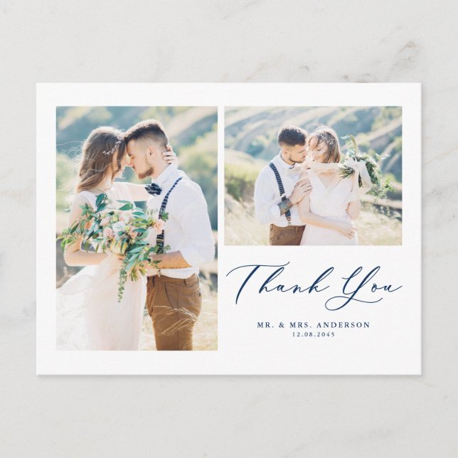 Vacker skriptblå två-fotogalleri tack vykort (Framsida)