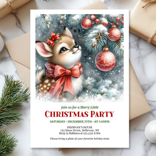 Vacker snig skogsbarn hjort jul inbjudan   (Lovely snowy forest baby deer Christmas invite printable)