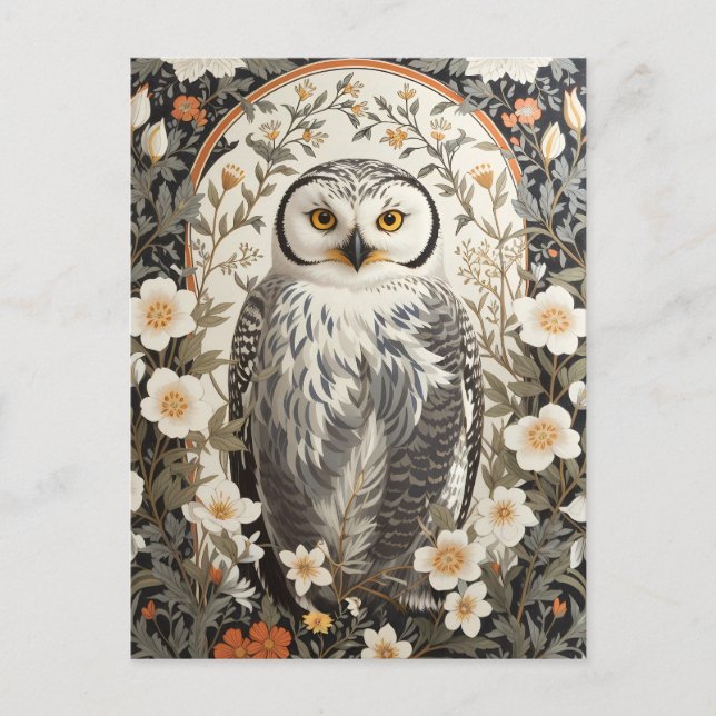 Vacker snöuggla inspirerad av William Morris Vykort (Framsida)
