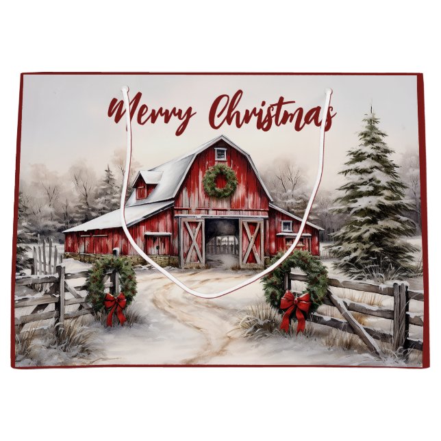 Vacker Snowy Winter Rustic Red Barn jul (Framsidan)
