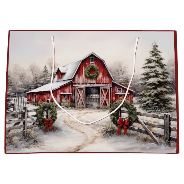 Vacker Snowy Winter Rustic Red Barn jul (Framsidan)