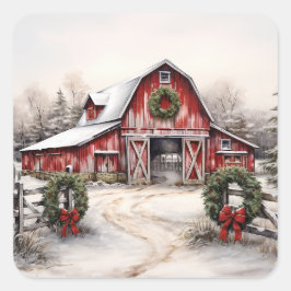 Vacker Snowy Winter Rustic Red Barn jul Fyrkantigt Klistermärke