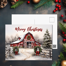 Vacker Snowy Winter Rustic Red Barn jul Helg Vykort
