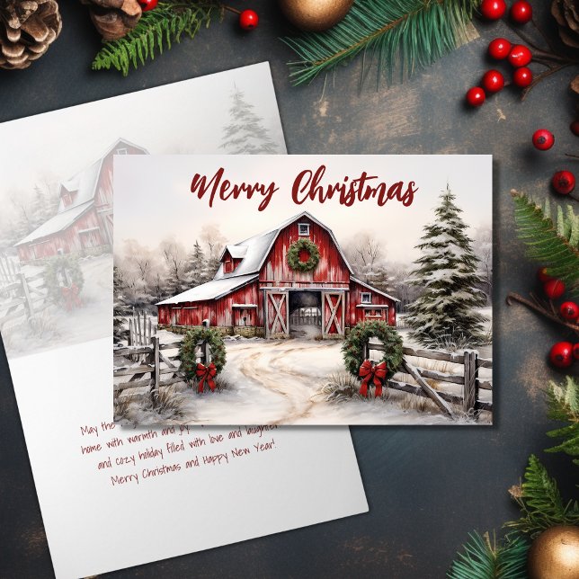 Vacker Snowy Winter Rustic Red Barn jul Helgkort (Beautiful Snowy Winter Rustic Red Barn Christmas Holiday Card)