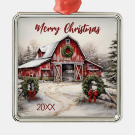 Vacker Snowy Winter Rustic Red Barn jul Julgransprydnad Metall
