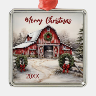 Vacker Snowy Winter Rustic Red Barn jul Julgransprydnad Metall