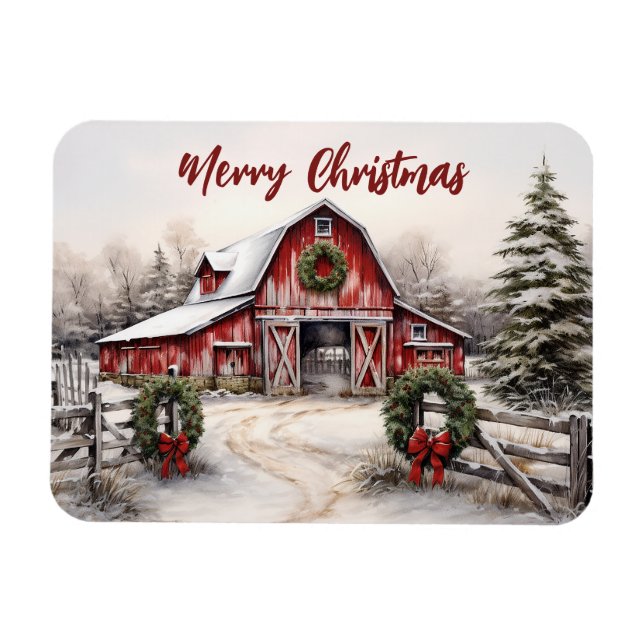Vacker Snowy Winter Rustic Red Barn jul Magnet (Horisontell)