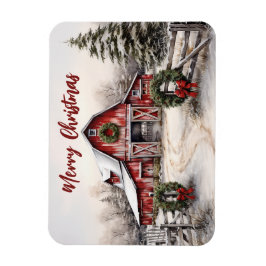 Vacker Snowy Winter Rustic Red Barn jul Magnet