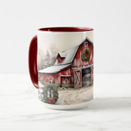 Vacker Snowy Winter Rustic Red Barn jul Mugg