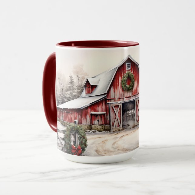 Vacker Snowy Winter Rustic Red Barn jul Mugg (Framsida vänster)