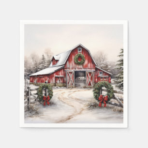 Vacker Snowy Winter Rustic Red Barn jul Pappersservett