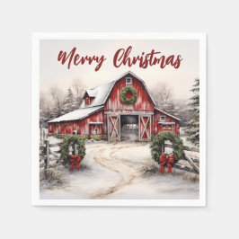 Vacker Snowy Winter Rustic Red Barn jul Pappersservett