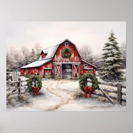 Vacker Snowy Winter Rustic Red Barn jul Poster