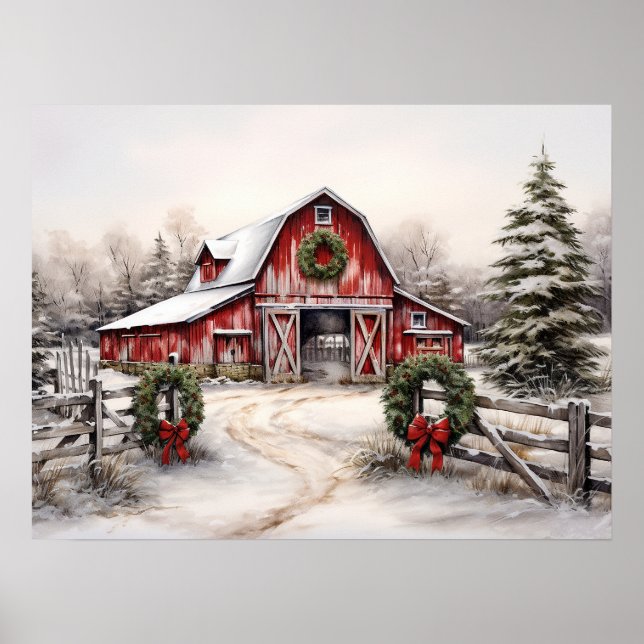 Vacker Snowy Winter Rustic Red Barn jul Poster (Framsidan)