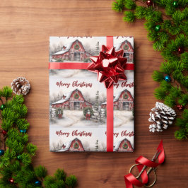 Vacker Snowy Winter Rustic Red Barn jul Presentpapper