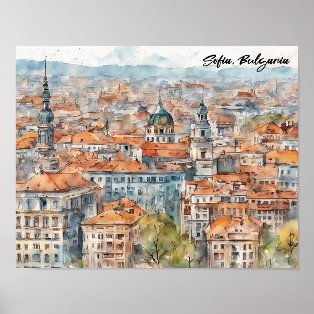 Vacker Sofia Bulgarien Akvarellmålning Stad Poster (Framsidan)