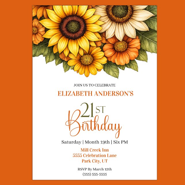 Vacker solros 21-årsdag inbjudningar (Pretty Sunflower 21st Birthday Invitation For Her)