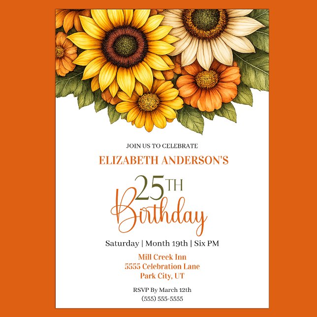 Vacker solros 25-årsdag inbjudningar (Pretty Sunflower 25th Birthday Invitation For Her)